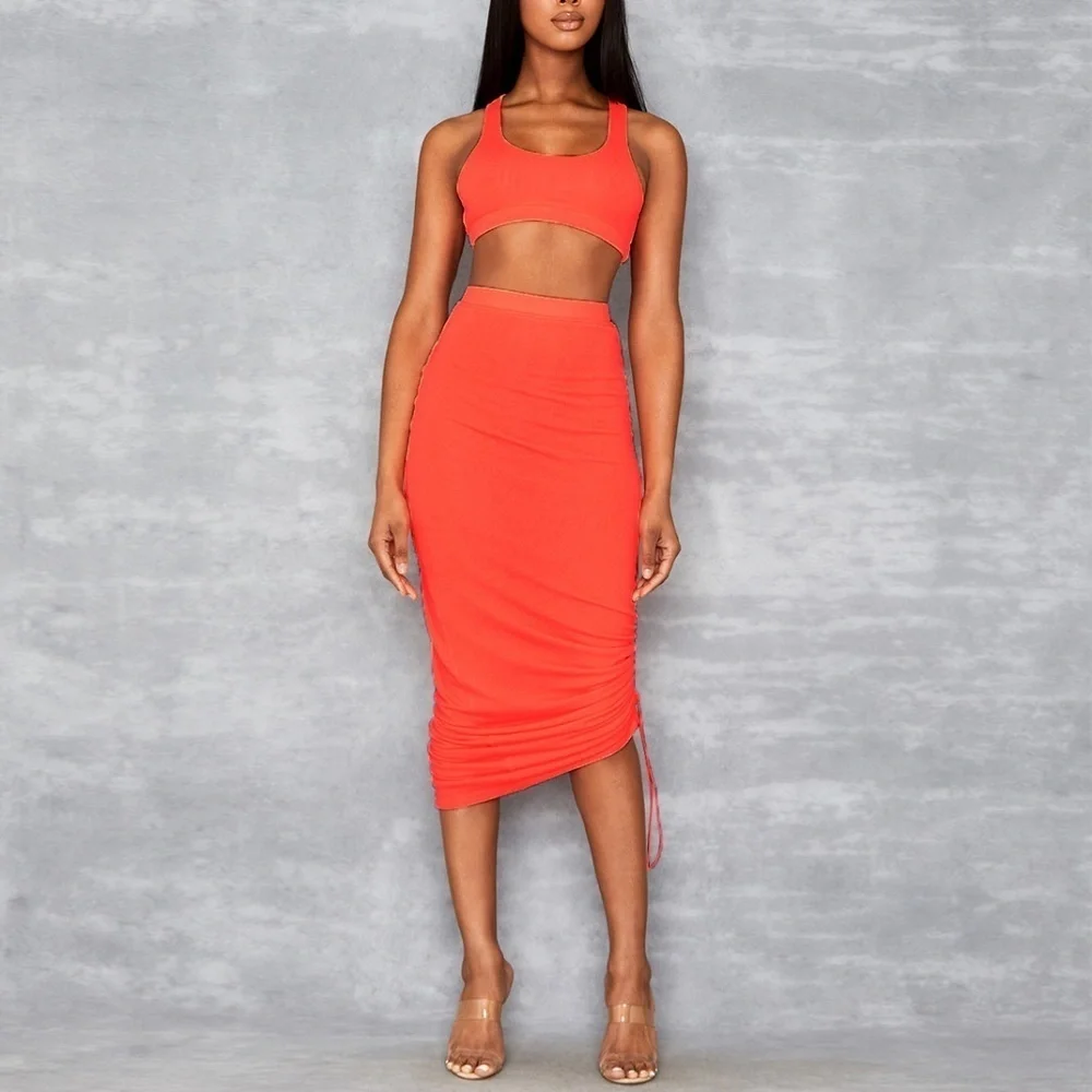 MISTRESS ROCKS SET: Neon Orange Drawstring Ribbed Maxi Skirt & Crop Top - Picture 1 of 10
